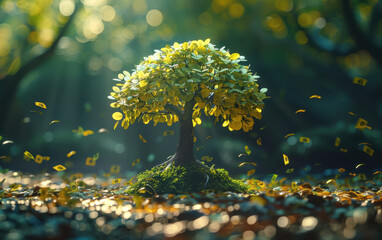 A small tree adorned with golden leaves, bathed in sunlight, representing wealth and prosperity. Leaves float through the air, creating a magical scene.