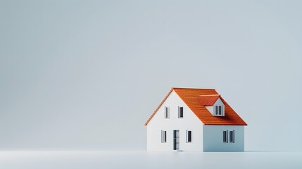 A simple white house with a orange roof is isolated on the left side of an empty light White background, presented in a flat lay style.