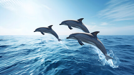 3 dolphins jumped out of the sea at the same time. In the afternoon air, natural light.