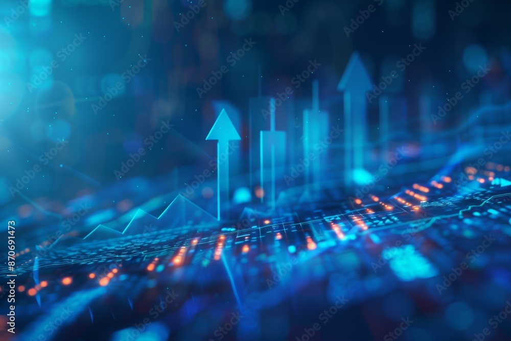 Poster view of a blue financial chart with an arrow symbolizing income and growth. three-dimensional render