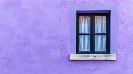 A sleek, black window frame contrasts strikingly with a soft lavender-colored wall, offering a modern and elegant aesthetic.