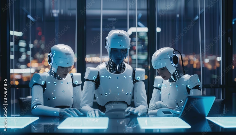 Poster robots operate within a futuristic, hightech control room, interacting with advanced digital interfa