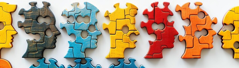 Obraz premium Colorful puzzle pieces shaped like human heads, symbolizing diversity and connection.