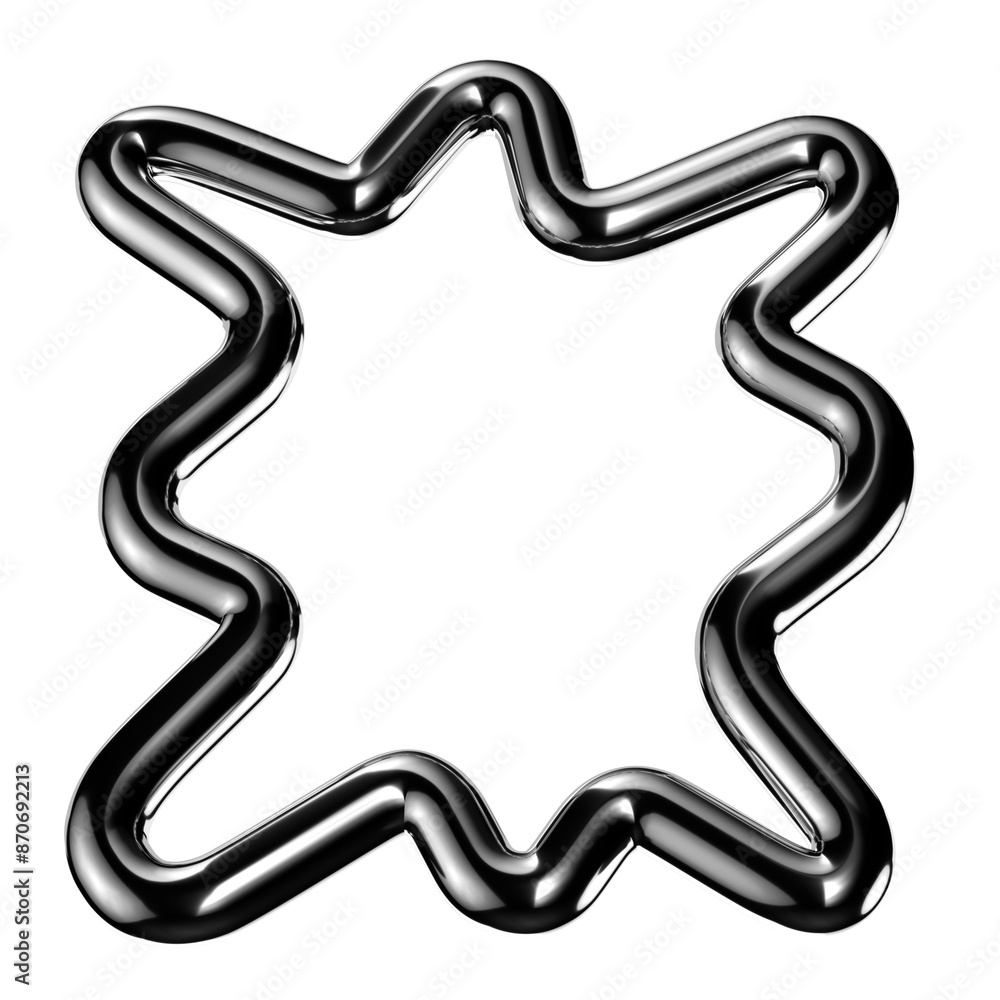 Poster futuristic chrome metal wavy frame isolated. abstract metallic squiggle shape 3d rendering, y2k silv