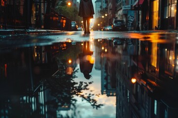 AI generated illustration of a person walking on a wet street at dusk