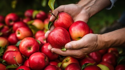 Man harvesting fresh ripe apples in orchard during the beautiful autumn harvest season