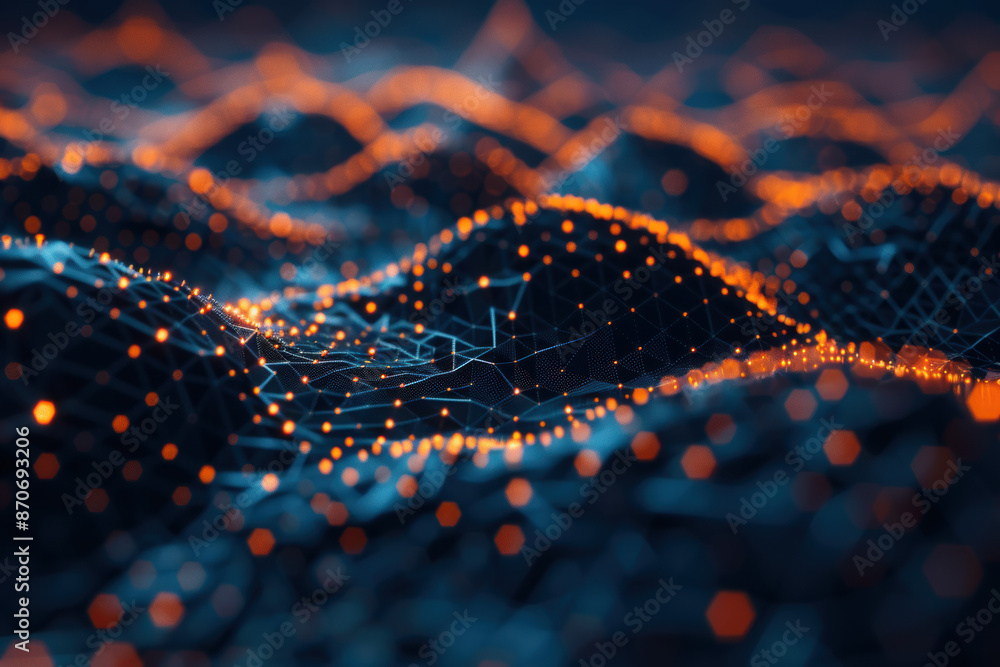 Poster abstract digital landscape with glowing orange nodes connected by networks over a dark background, r