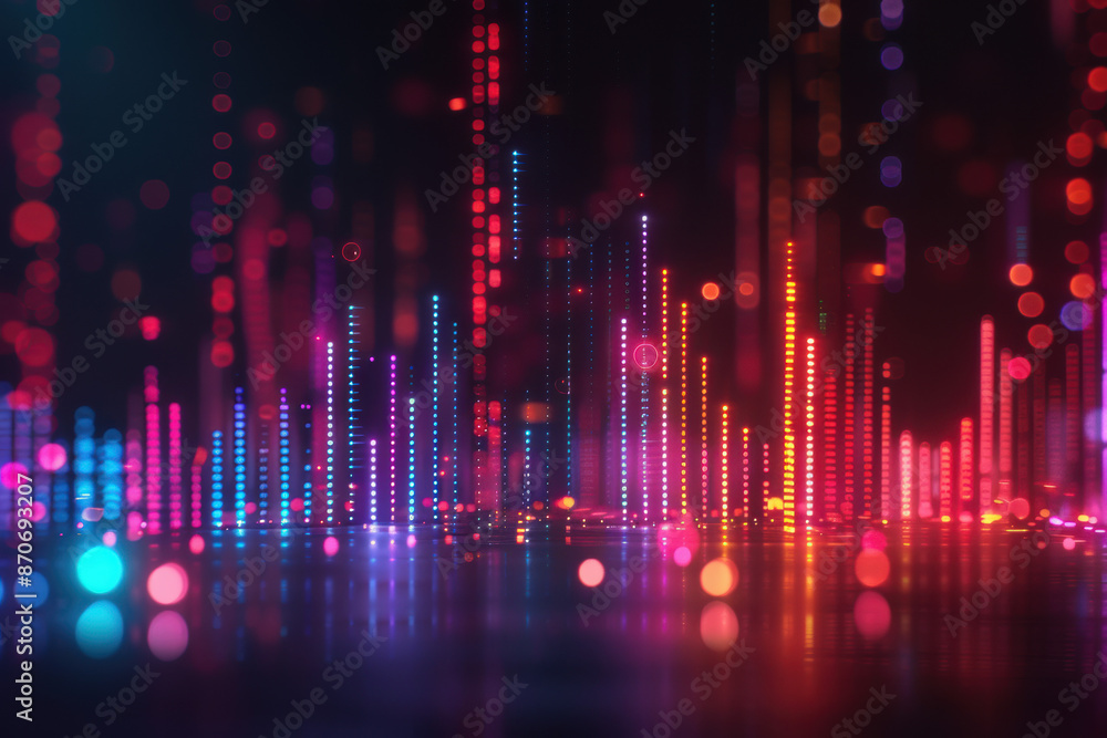 Poster vibrant abstract digital soundwave light installation with colorful glowing lines and bokeh textures