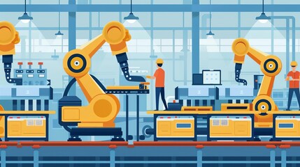 Workload trends, observing automation in manufacturing, flat design illustration