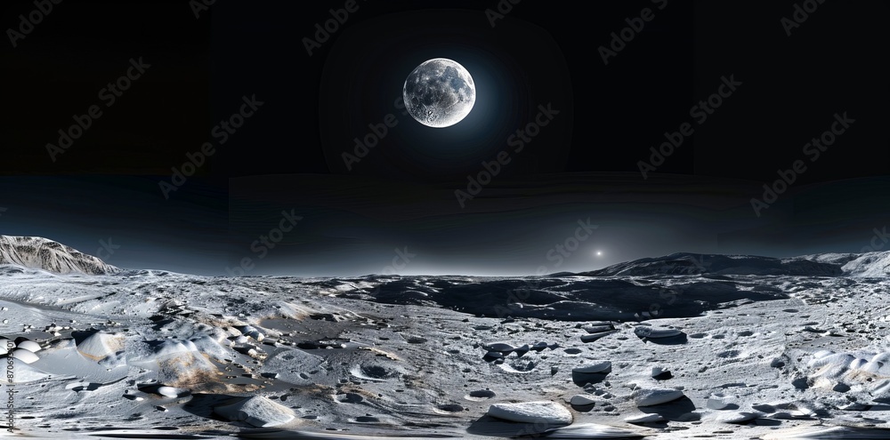 Poster an equirectangular moon landscape mapped using hdri spherical panoramas. a space background is shown