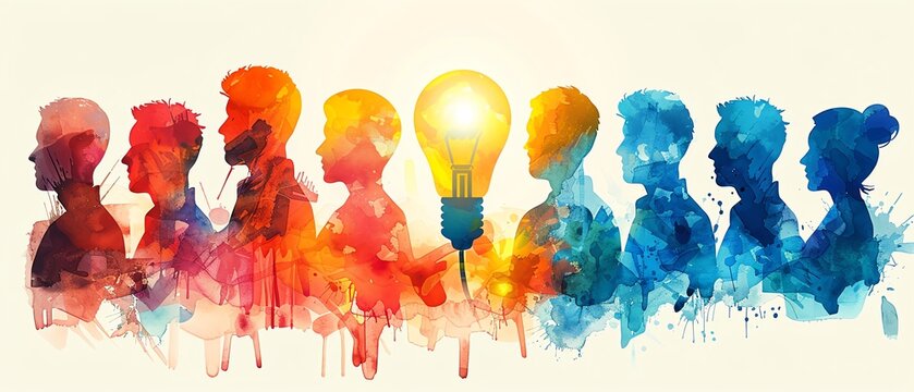 Watercolor illustration of diverse people with a lightbulb symbolizing teamwork and innovation.