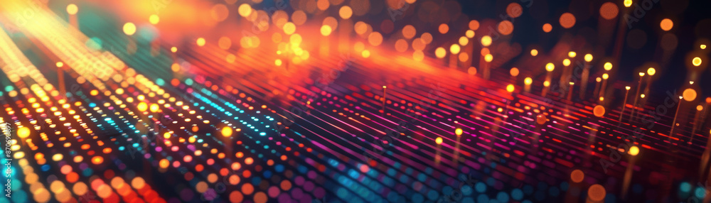 Poster a vibrant, colorful abstract background featuring an array of glowing, connected dots and lines, cre