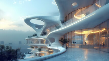 architecture: a building of smooth, organic contours, blending glass and white elements, reminiscent of an art deco seashell, soaring with several stories