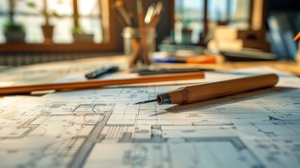 Office setting with architects' tools like pens and paper, focusing on architectural document preparation