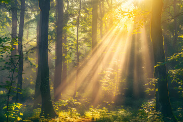 An enchanting forest scene with sunlight streaming through the trees, creating a magical atmosphere with sun rays and lens flares 