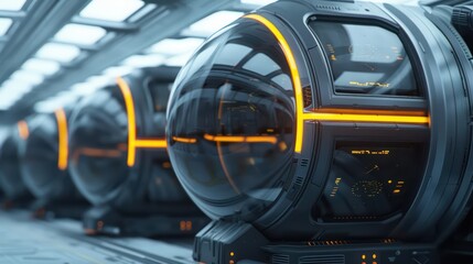 Obraz premium Enchanted transport pods powered by mystical energy sources offer instant teleportation to distant destinations