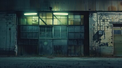 industrial facade juxtaposed against a modern city skyline, emphasizing the evolution of architecture and urban development