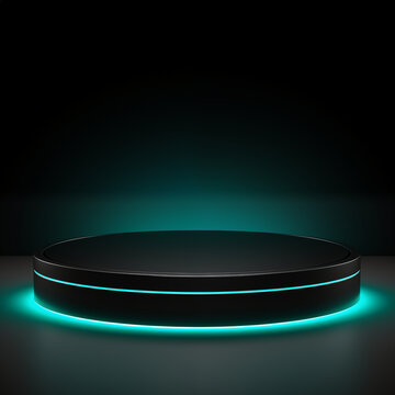 Futuristic style simetric podium abstract blue neon for product display dark background.