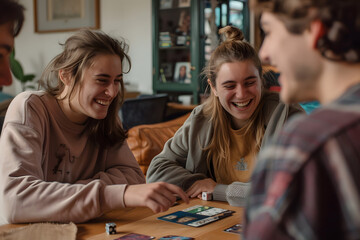Fototapeta premium A candid shot of friends playing board games and laughing around a cozy living room, showcasing a fun indoor activity