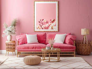 A living room with a pink couch and a pink coffee table. The couch is covered in white pillows and a white throw. A framed picture of flowers is on the wall above the couch. The room has a cozy