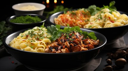 a table with three bowls of food including shrimp, mushrooms, and vegetables.