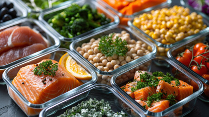 A healthy assortment of fresh, colorful ingredients including salmon, corn, tomatoes, chickpeas, and greens, neatly arranged in glass containers.