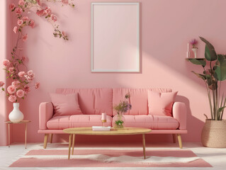 A pink couch is in a room with a white wall and pink flowers. The couch is surrounded by a rug and a coffee table with a vase on it. The room has a pink color scheme and a floral theme