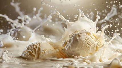 Ice cream scoop splashing in milk, closeup, soft lighting, highdefinition food photography, dynamic shot