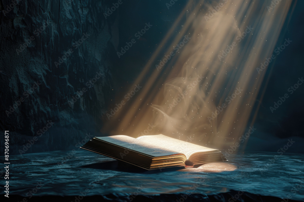 Poster a book is open to a page with a bright light shining on it. the light is coming from behind the book
