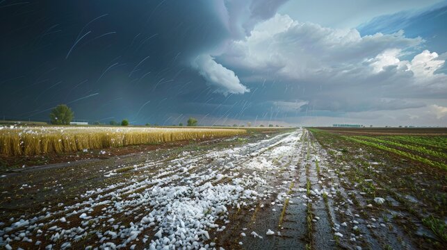A severe hailstorm damaging crops in a rural farmland area, with hailstones covering the ground.