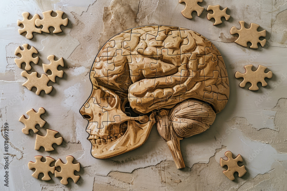 Aufkleber a puzzle of a brain is surrounded by pieces of a skull. the skull pieces are scattered around the pu