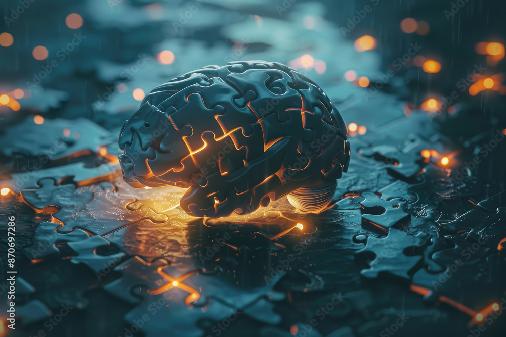 Aufkleber a brain is cut into pieces and is surrounded by a puzzle. the brain is lit up with a bright orange l