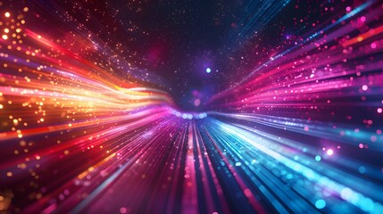 Obraz premium Abstract futuristic background with colorful glowing lights and rays of light, speed motion blur in dark space. Vector illustration design for web banner poster cover presentation or greeting card.