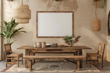 Experience the cozy charm of a boho farmhouse dining room with a wooden dining table, bench, and chairs against a beige wall, complete with a decorative poster frame.