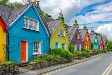 Experience the essence of rural charm with a picturesque view of colorful country houses against a backdrop of spring or summer.