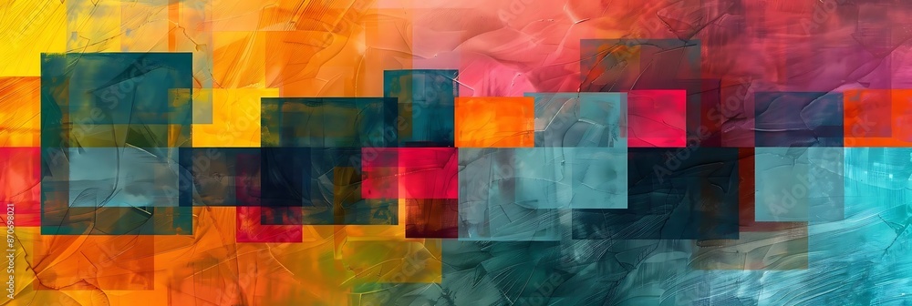 Poster abstract painting with overlapping colorful squares and rectangles