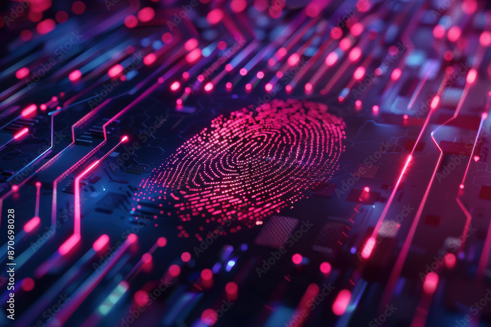 Poster close-up of a digital fingerprint on a high-tech circuit board, representing cybersecurity and biome