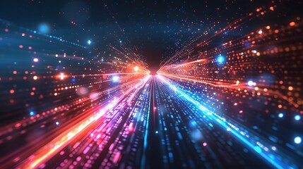 Naklejka premium Abstract futuristic background with colorful glowing lights and rays of light, speed motion blur in dark space. Vector illustration design for web banner poster cover presentation or greeting card.