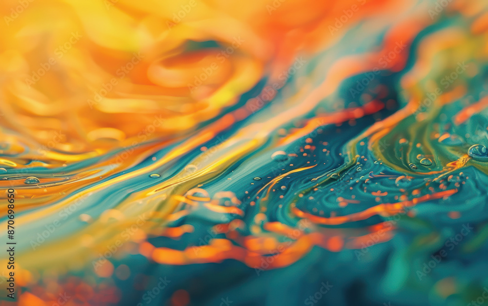 Poster vibrant abstract close-up of colorful paint swirls merging together with droplets, creating a dynami