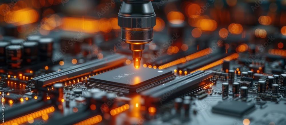 Aufkleber robot arm on an automated pcb assembly line inside a modern electronics factory