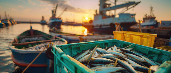 sardines in green plastic boxes on the dock with fishing boats and a blue sky