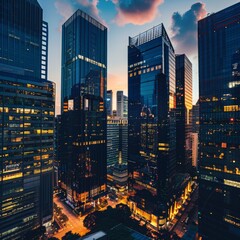 Skyscrapers in a vibrant city at sunset, urban landscape with modern architecture. Cityscape photography concept