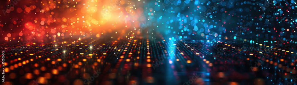 Poster sparkling lights and colorful particles create an abstract digital landscape, with a mix of warm and