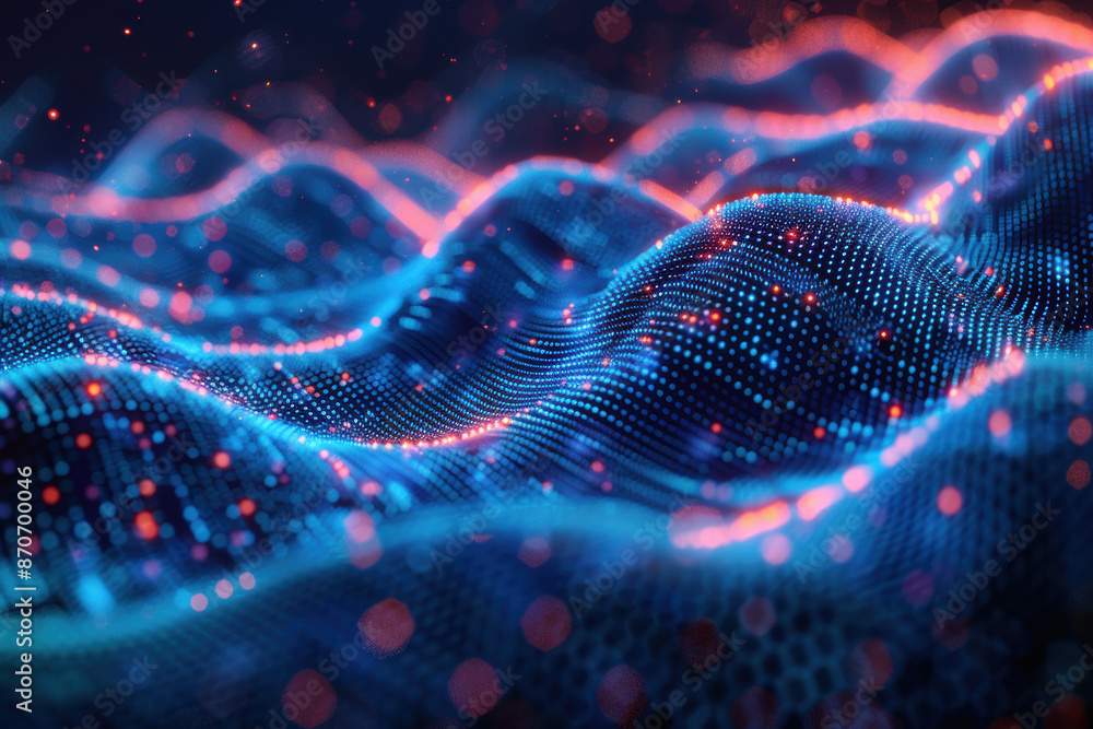 Poster abstract digital landscape with flowing blue and red particle wave, representing data streams and in