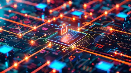 Cyber Security Concept - Padlock on Circuit Board