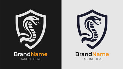Black White Cobra Shield Design. Striking black and white design showcasing an angry cobra and a shield. Great for mascots, logos, and branding projects