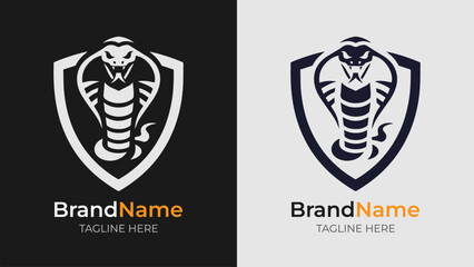 Elegant Monochrome Cobra Logos in Shield Design with Custom Name and Tagline. Discover our elegant monochrome cobra logos, perfectly encased in a shield design. 