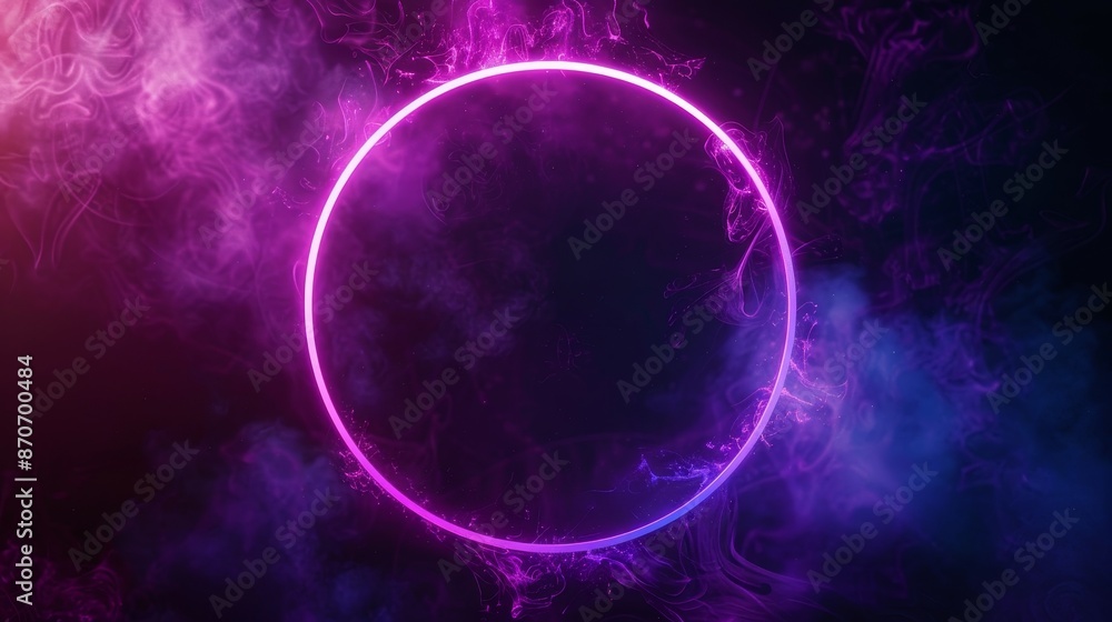 Poster rotation of neon circle with enlightening effects on dark background. animation of empty purple glow
