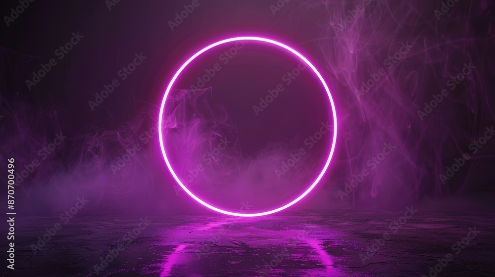 Poster neon circle rotation on dark background with shining effects. video animation. purple glowing techno