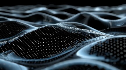 design presents a shiny black surface with intricate wave patterns in dark cyan. The grid formations are subtly blurred, creating a sense of endless flow and interconnectedness, ideal for tech-inspire